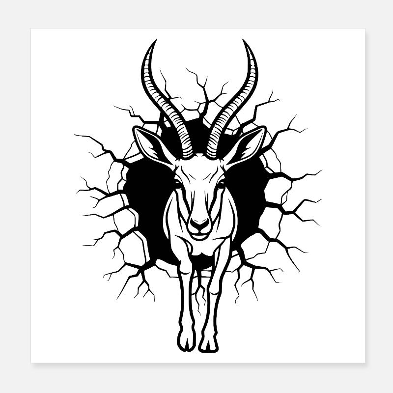 Antelope Wall Breakthrough Black White Illustration Poster 8" x 8" (20x20 cm)