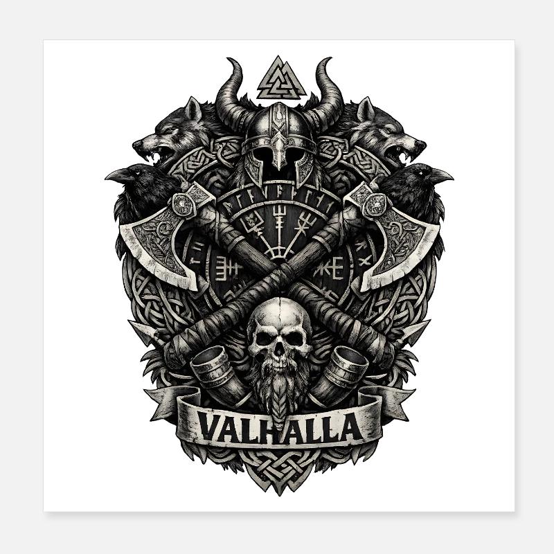 Blason du Valhalla : Crâne viking et haches Poster 20 x 20 cm