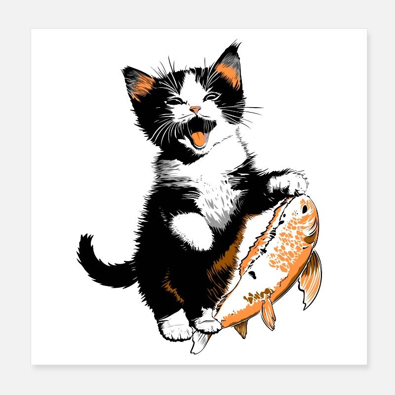 Kätzchen mit großem Lachs – Kitty mit Fisch Poster 20x20 cm