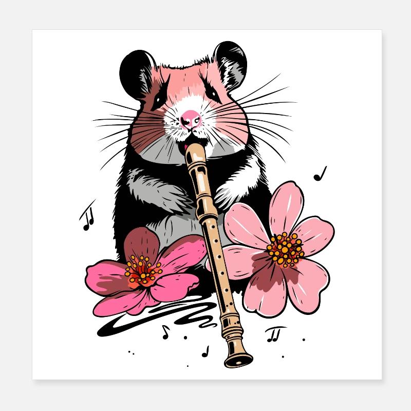 Hamster avec fleurs et flûte Poster 20 x 20 cm