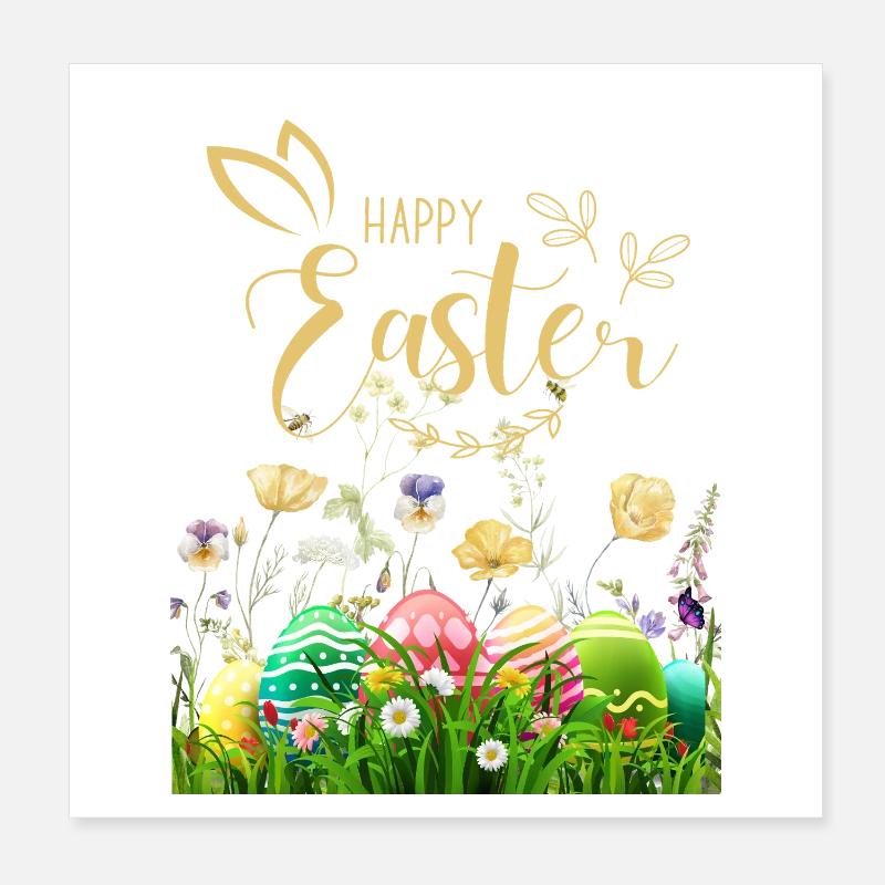 Pâques dorées - Fleurs et œufs Poster 20 x 20 cm