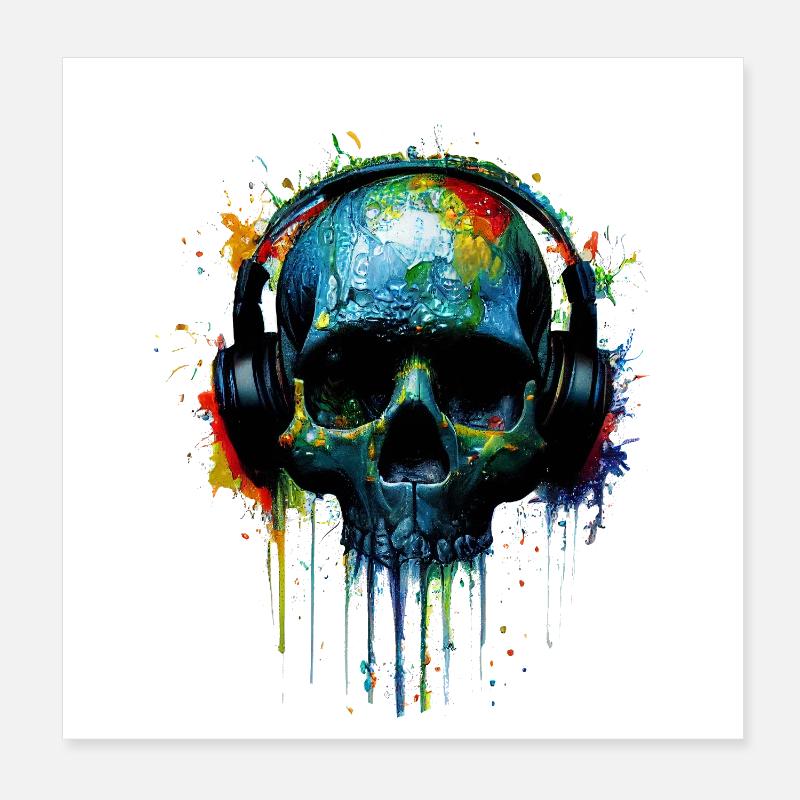 Crâne de DJ coloré avec des écouteurs Poster 20 x 20 cm