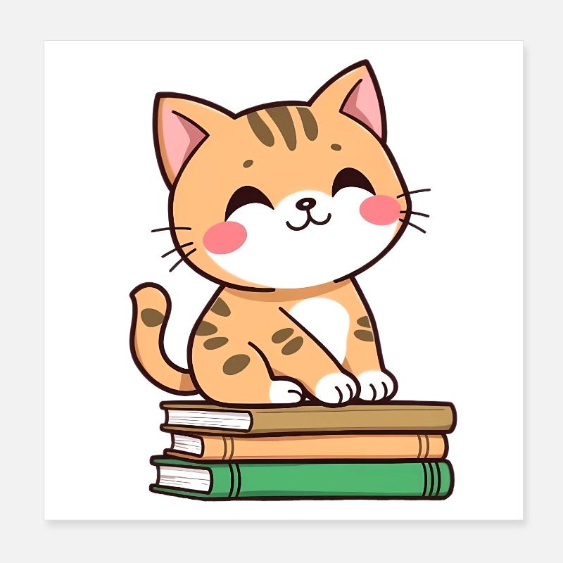 Katze mit Büchern - Poster 20x20 cm - Weiß