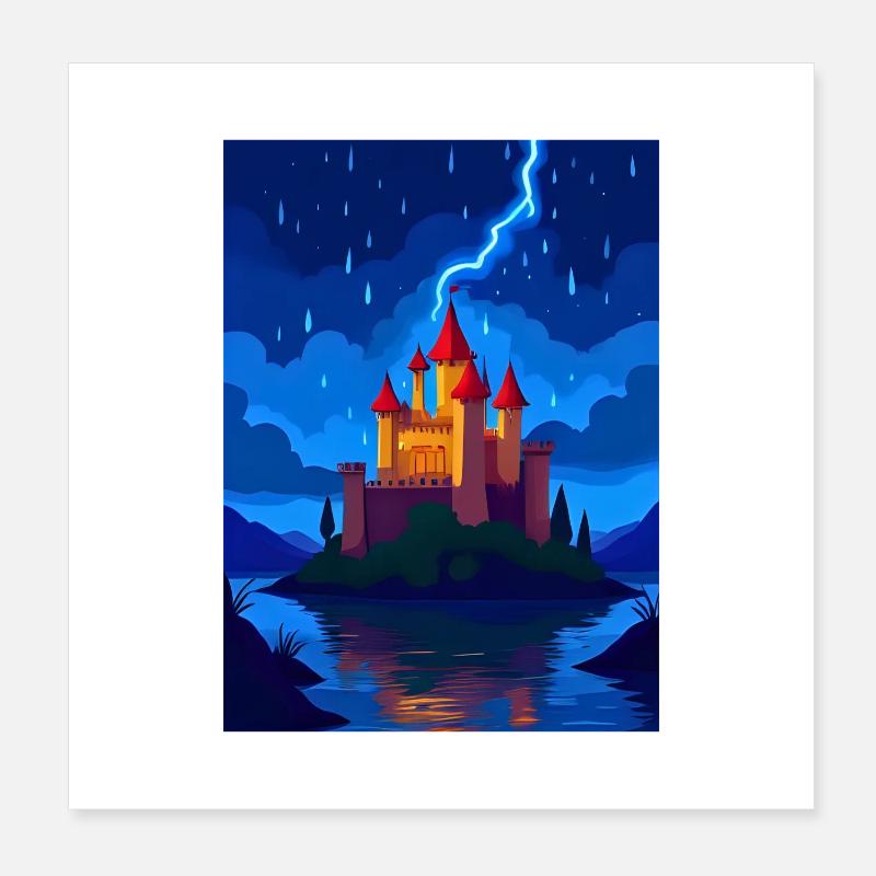Enchanted Castle with Night Lightning Poster 8" x 8" (20x20 cm)