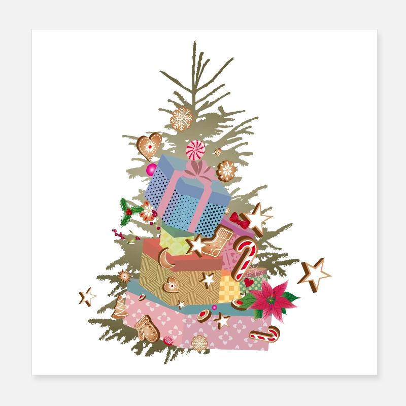 Weihnachtsbaum mit Geschenken und Lebkuchen Poster 20x20 cm