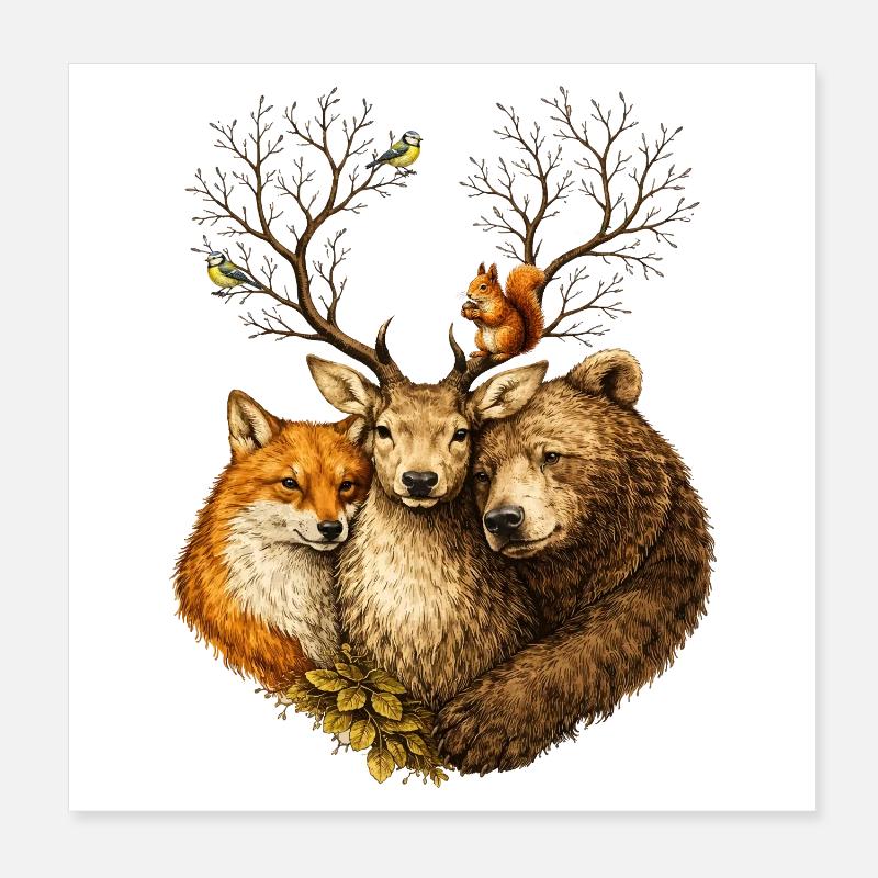 Forest Animals United – Illustration du cerf renard et de l’ours Poster 20 x 20 cm