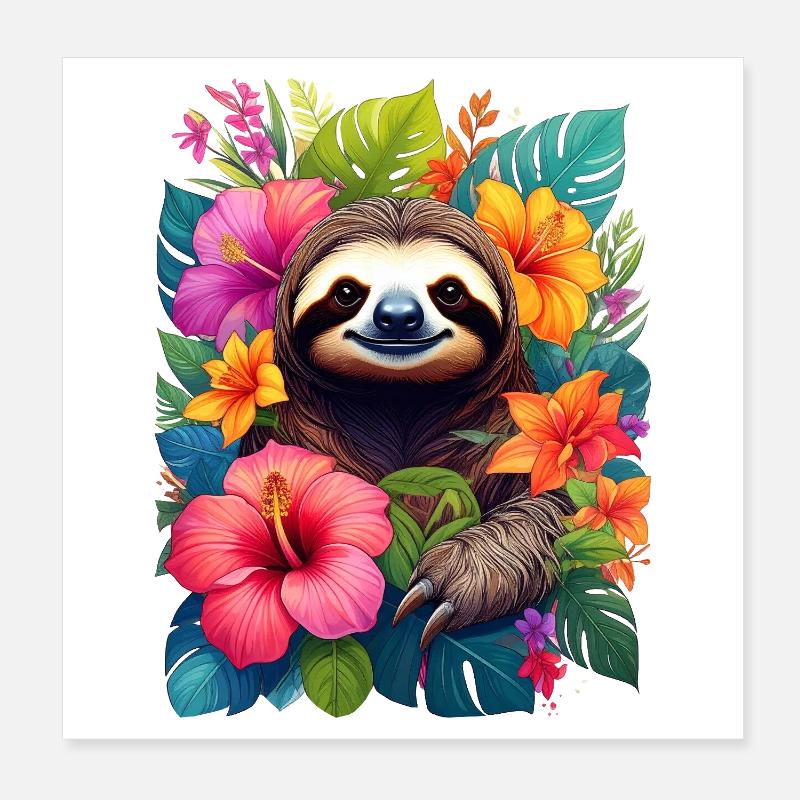 Sloth among exotic flowers in the jungle Poster 8" x 8" (20x20 cm)
