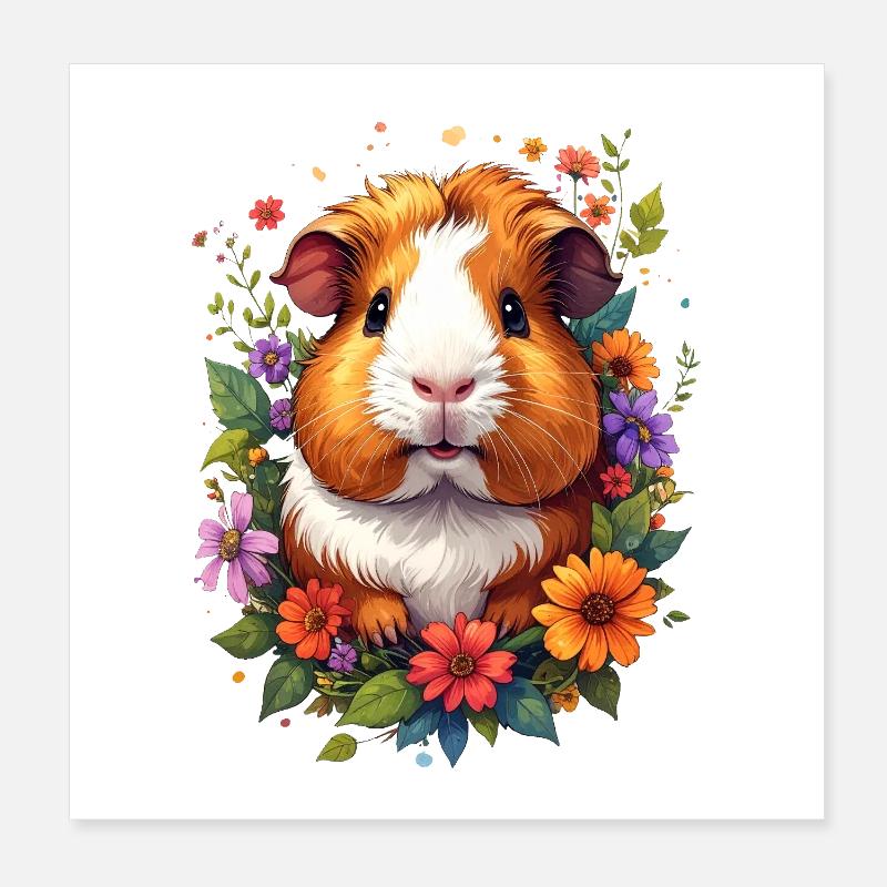 Petit cochon d’Inde mignon entouré de fleurs Poster 20 x 20 cm