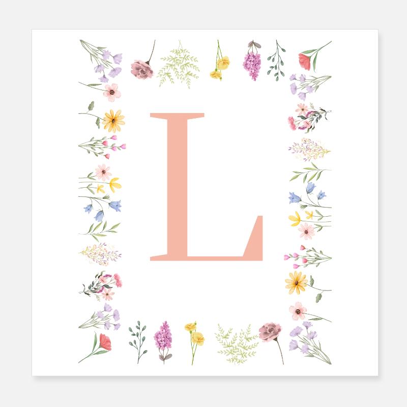 Florale Initialen "L", Buchstaben Monogramm  Poster 20x20 cm