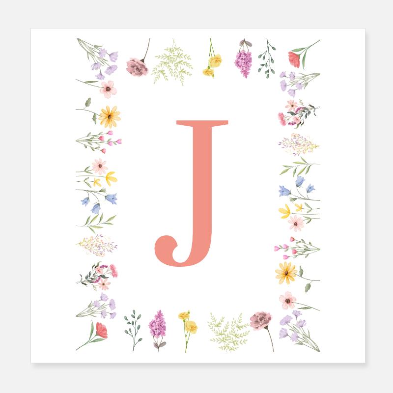 Florale Initialen "J ", Buchstaben Monogramm  Poster 20x20 cm