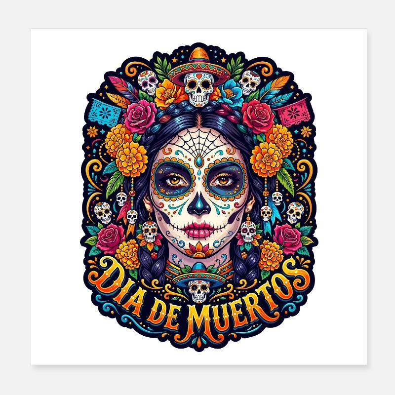 Tête de mort mexicaine sugar skull crâne fleurs Poster 20 x 20 cm