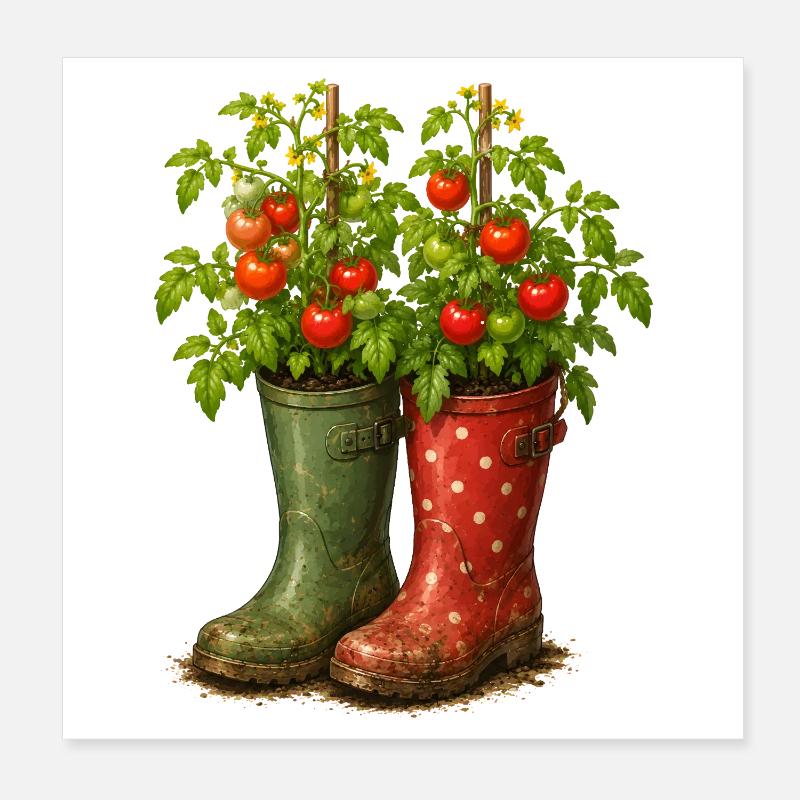 Motif de plants de tomates dans le jardin des bottes de caoutchouc Poster 20 x 20 cm