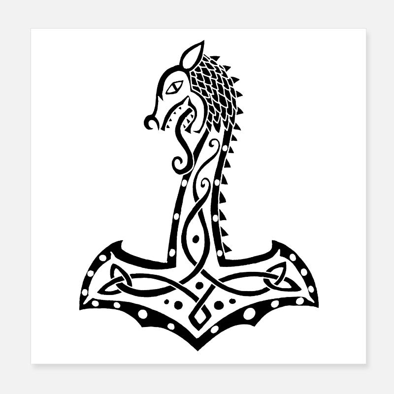 Black Wolf and Thor's Hammer Poster 8" x 8" (20x20 cm)