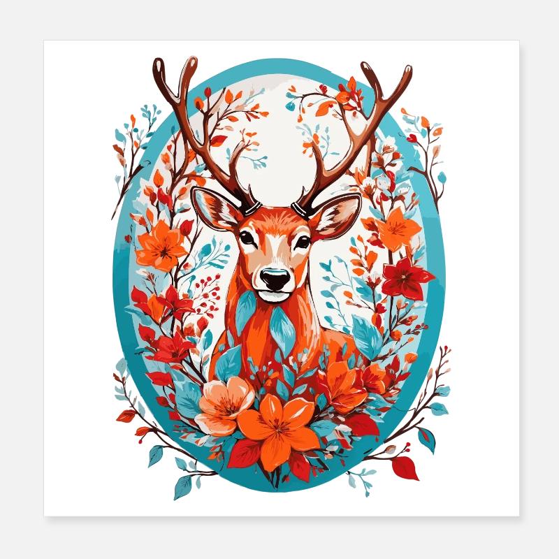 Cerf avec des fleurs Poster 20 x 20 cm