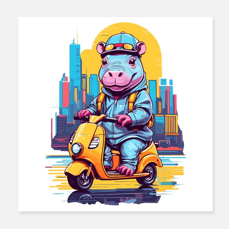 Hippopotame en scooter Poster 20 x 20 cm