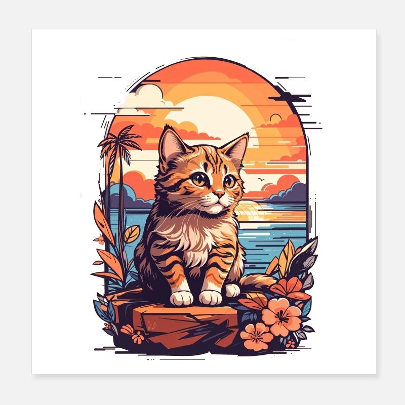 Coucher de soleil rétro plage, coucher de soleil chat au bord de la mer Poster 20 x 20 cm