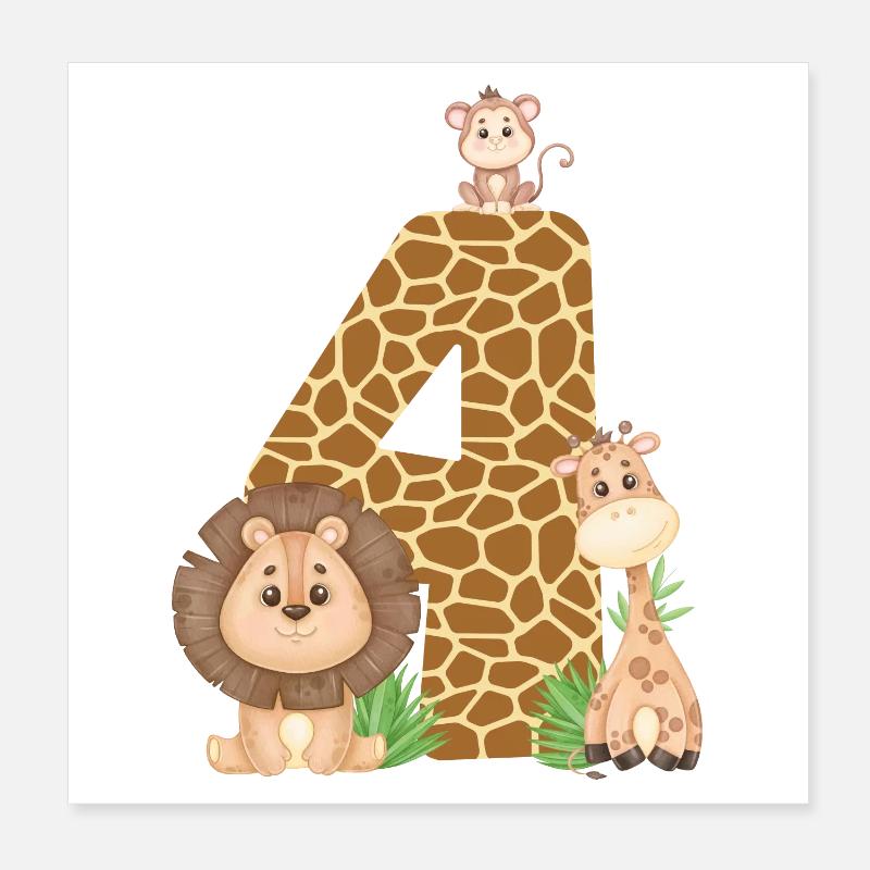 4. Geburtstag Dschungeltiere Giraffe Löwe Affe Poster 20x20 cm