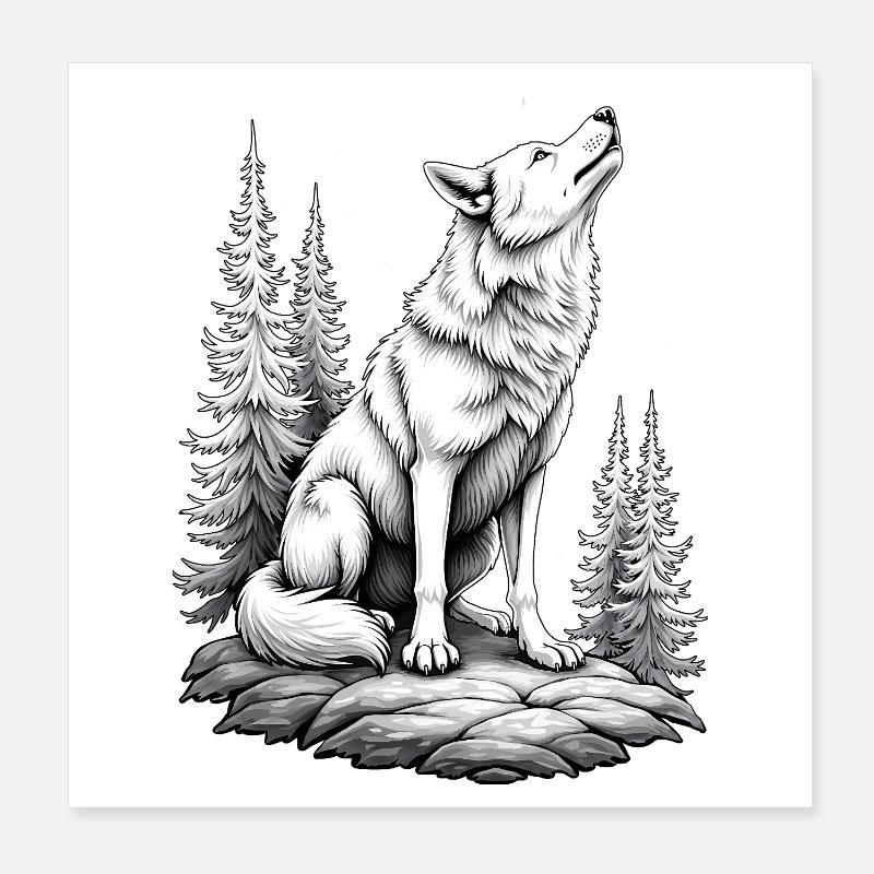 Wolf Rock Drawing Sketch Black White Poster 8" x 8" (20x20 cm)