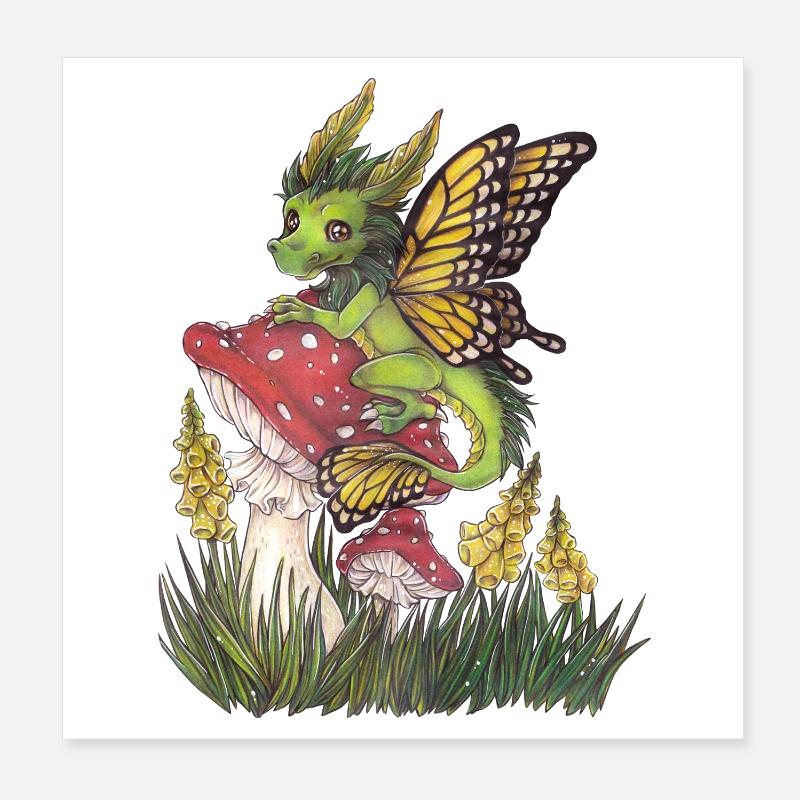 Dragon de la forêt sur champignon papillon mignon Poster 20 x 20 cm
