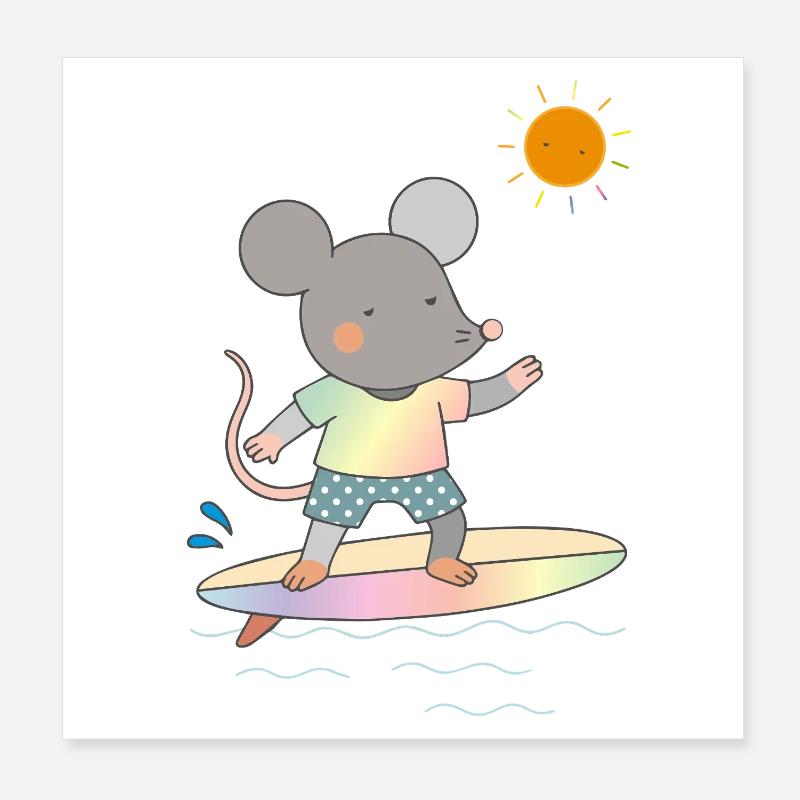 Souris surfeuse sur une planche de surf colorée sous le soleil Poster 20 x 20 cm