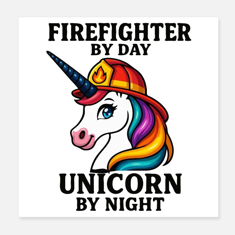 Feuerwehrmann Einhorn bei Nacht Poster 20x20 cm