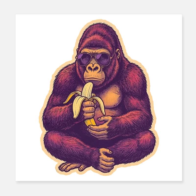 Gorille avec des lunettes de soleil mangeant une banane Poster 20 x 20 cm