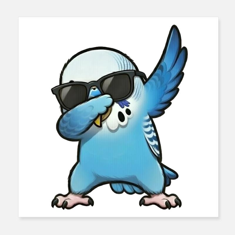 Dabbing Budgie Blue Poster 8" x 8" (20x20 cm)