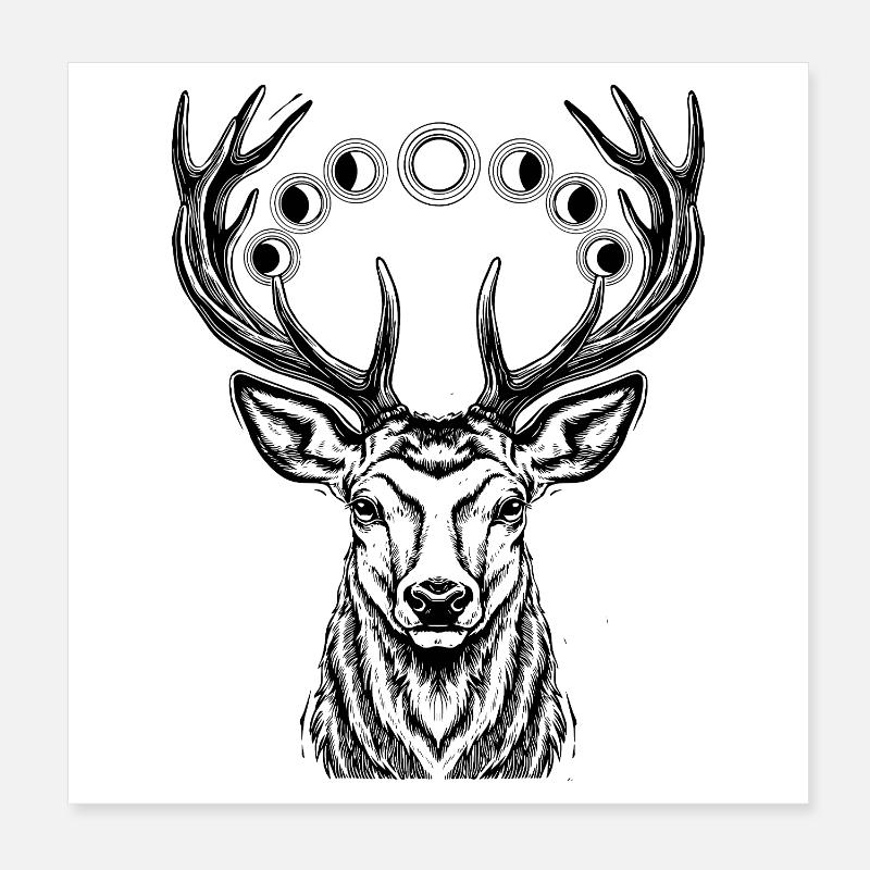 Hirsch Mondphasen Rothirsch Geweih Waldbewohner Poster 20x20 cm