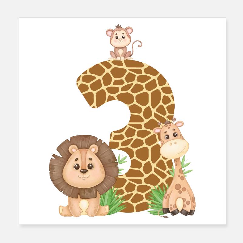 3. Geburtstag Dschungeltiere Giraffe Löwe Affe Poster 20x20 cm