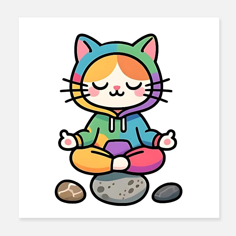 Meditative Regenbogen-Zen-Katze Poster 20x20 cm
