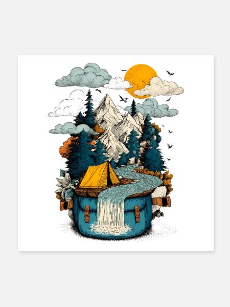 Bergsee Pfad - Camping Backpacker Motiv - Poster 20x20 cm - Weiß - Vorne