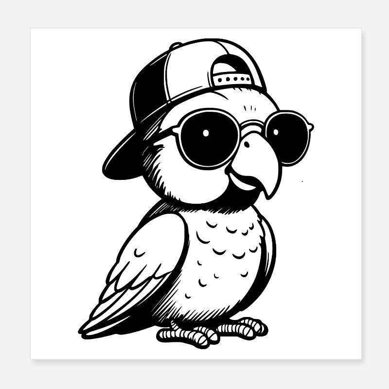 Perroquet avec lunettes de soleil et casquette de baseball Poster 20 x 20 cm