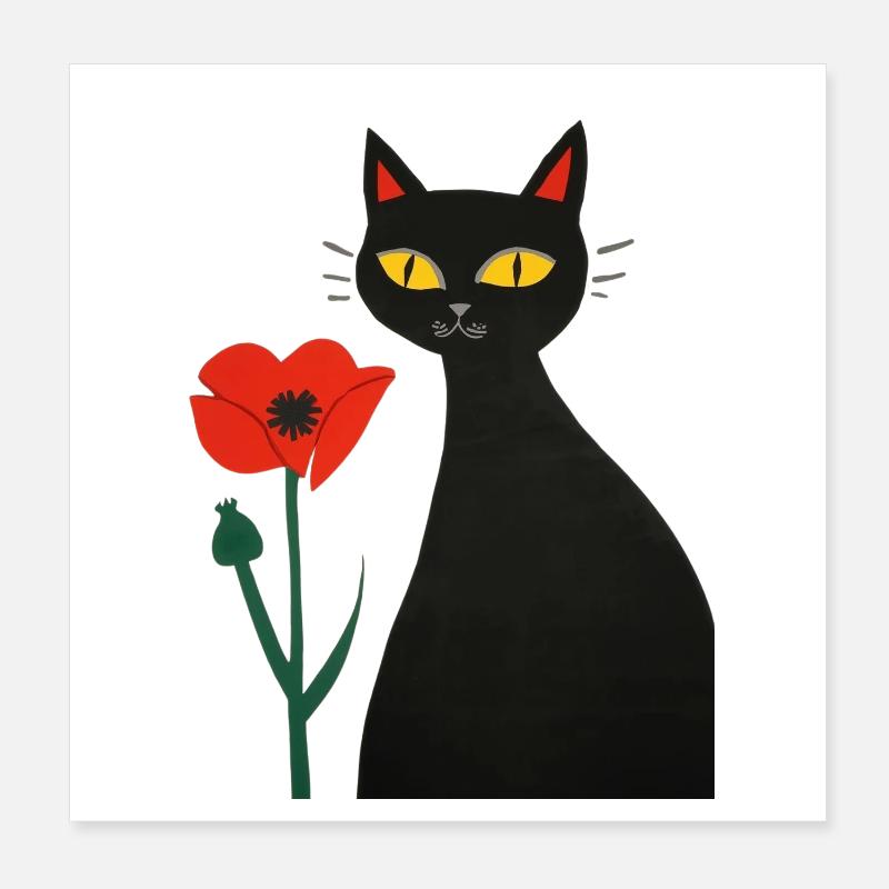 Chat noir avec des coquelicots Poster 20 x 20 cm