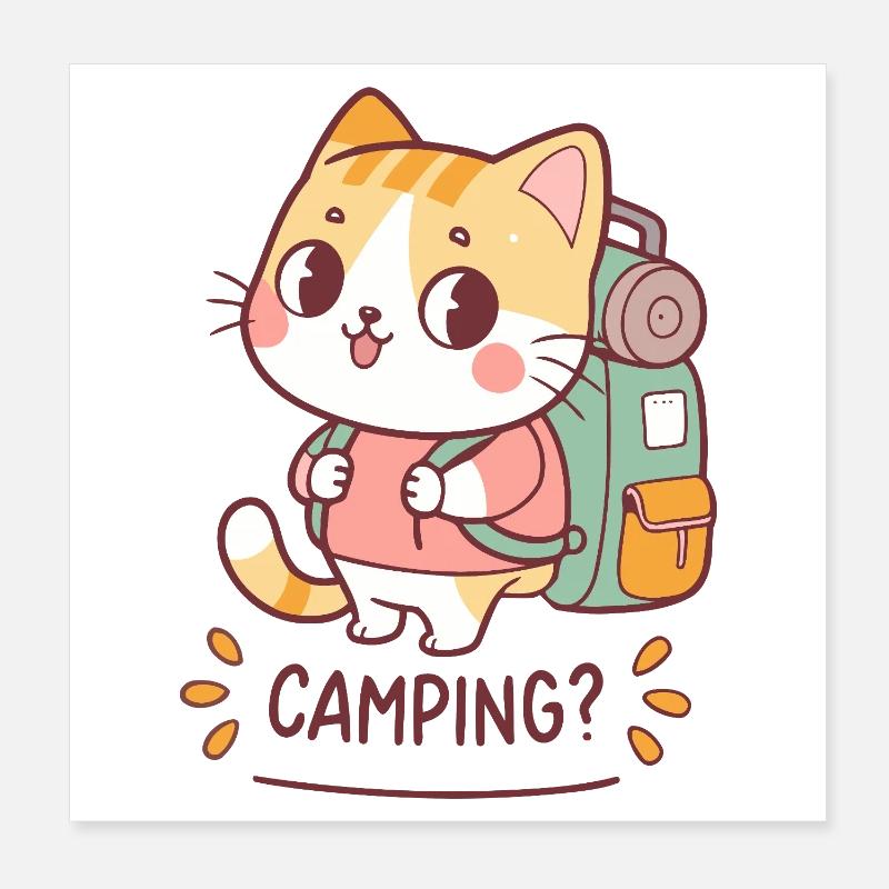 Chat Campeur Kawaii et Backpack Poster 20 x 20 cm