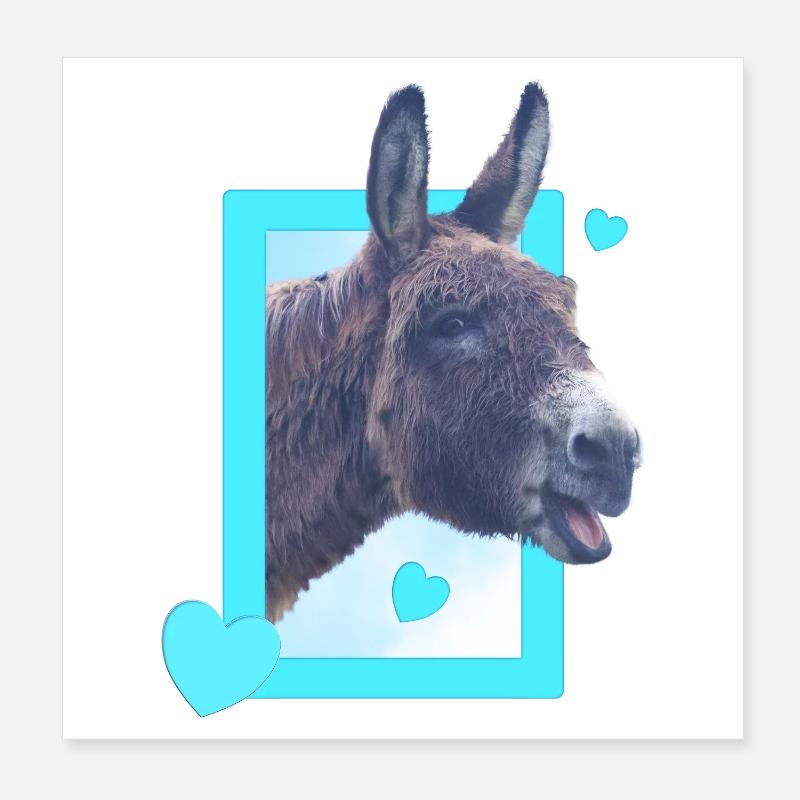 Un âne mignon à la fenêtre, cœurs bleus Poster 20 x 20 cm