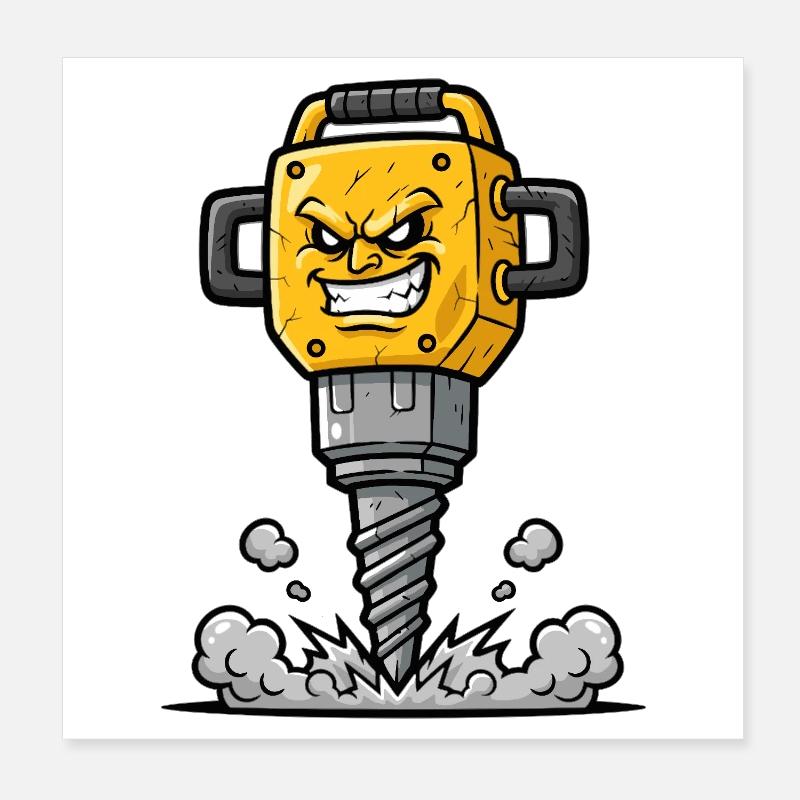 Angry Drill Cartoon with Explosion Poster 8" x 8" (20x20 cm)