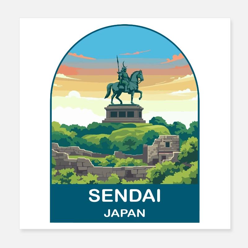 Sendai Japan Samurai-Statue Vintage-Reisekunst Poster 20x20 cm