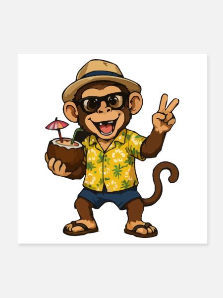 Tropical Monkey Party - Ambiances Hawaii - Poster 20 x 20 cm - blanc - Devant