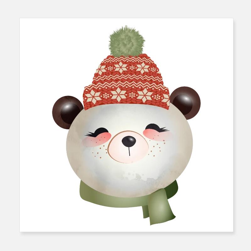 Ours panda mignon avec chapeau pompon en hiver - Poster 20 x 20 cm - blanc