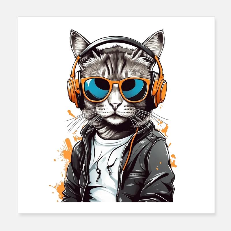 Cat DJ avec casque Poster 20 x 20 cm