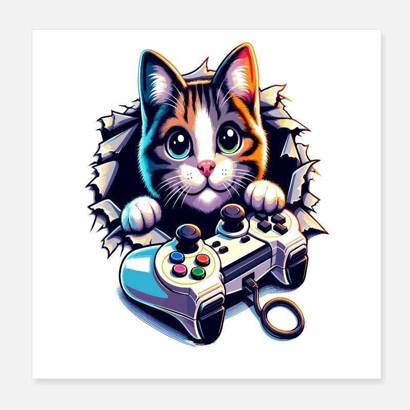 Katzen-Gamer mit Controller Poster 20x20 cm