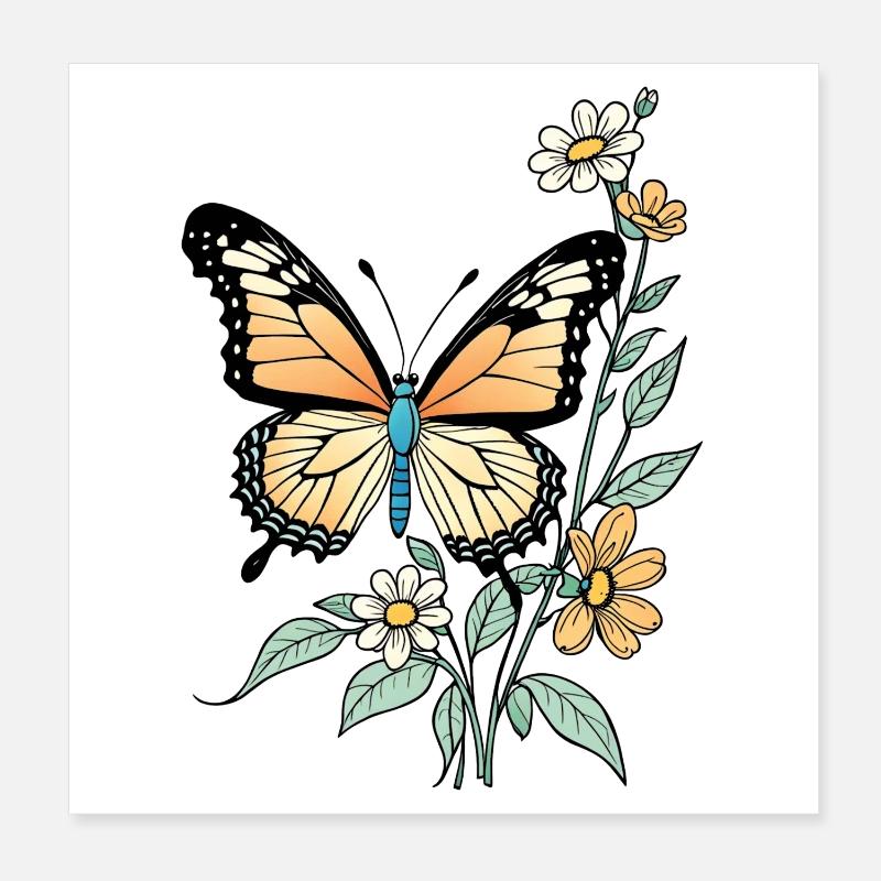 Papillon Avec Des Fleurs, Papillon Poster 20 x 20 cm
