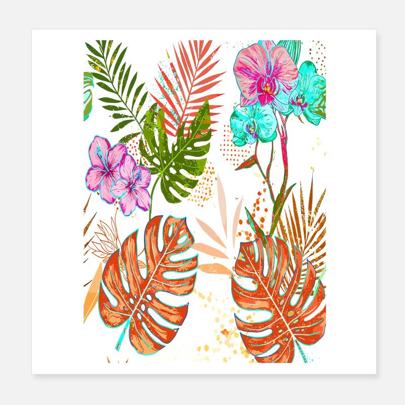 Motif tropical Monstera exotique avec des fleurs Poster 20 x 20 cm