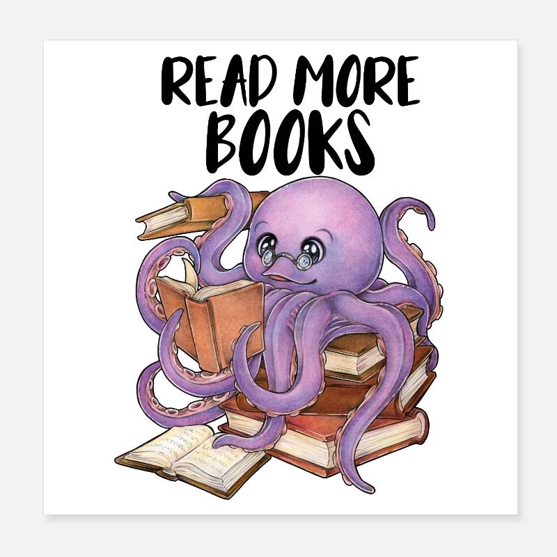 Reading Octopus in Stack of Books Book Gift Poster 8" x 8" (20x20 cm)