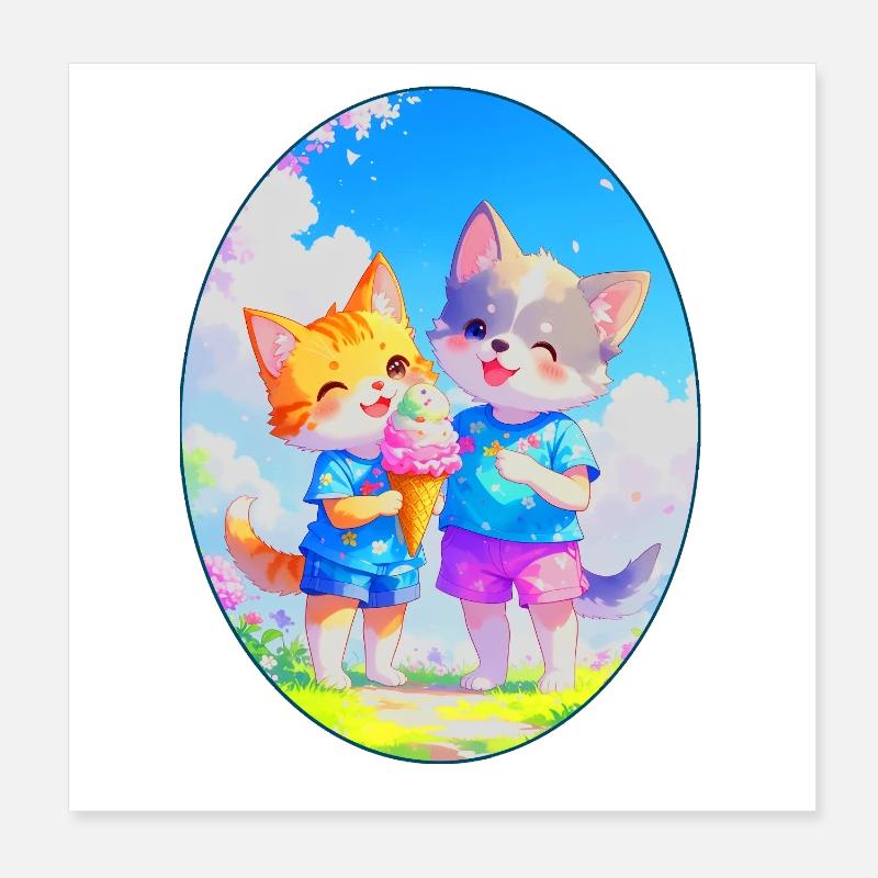 Chaton, chiot et crème glacée (ovale) Poster 20 x 20 cm