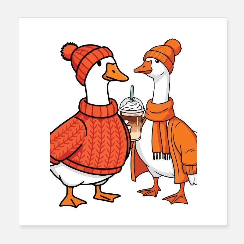 Cozy Fall Geese with Coffee – Cute Autumn Animals Poster 8" x 8" (20x20 cm)