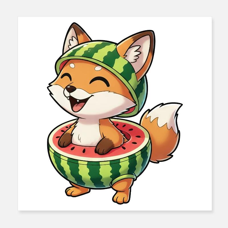 Renard drôle avec pastèque amusant d’été Poster 20 x 20 cm