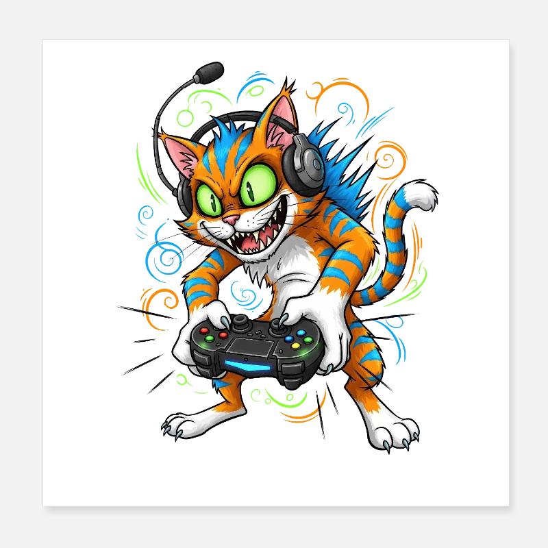 Neon Gaming Cat with Controller Gamer Cat Poster 8" x 8" (20x20 cm)