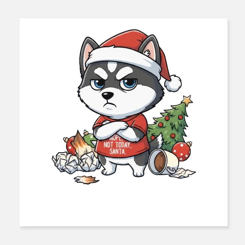 Grimmiger Hund im Weihnachtschaos Husky Style Poster 20x20 cm