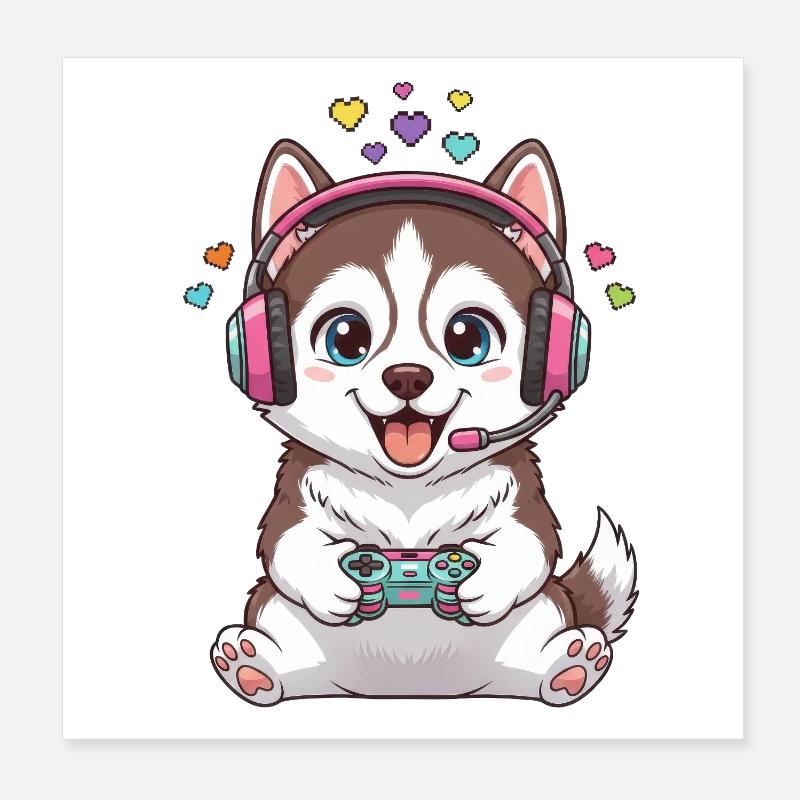 Husky Gamer mit Kopfhörern Gaming Hund Poster 20x20 cm